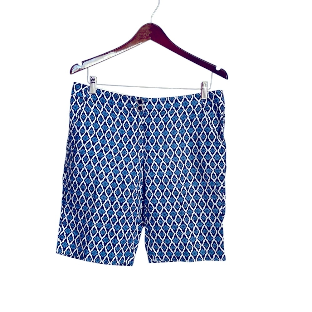 Tory Burch 100% Linen Bermuda Shorts- Blue Pattern- Size 8
